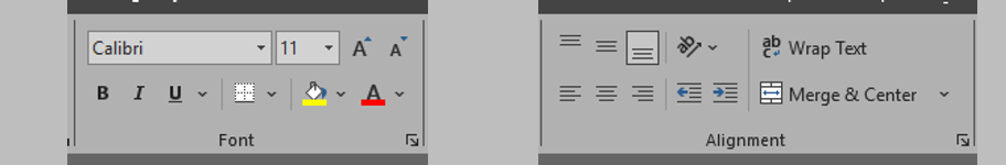 Excel Home ribbon focused on Font and Alignment