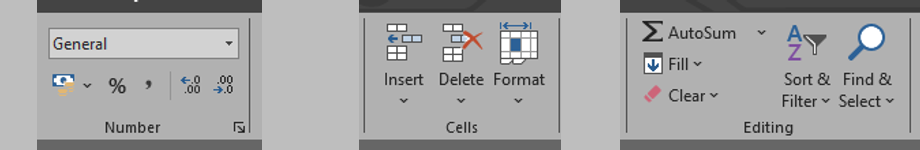 Excel Home ribbon focused on Number, Cells and Editing
