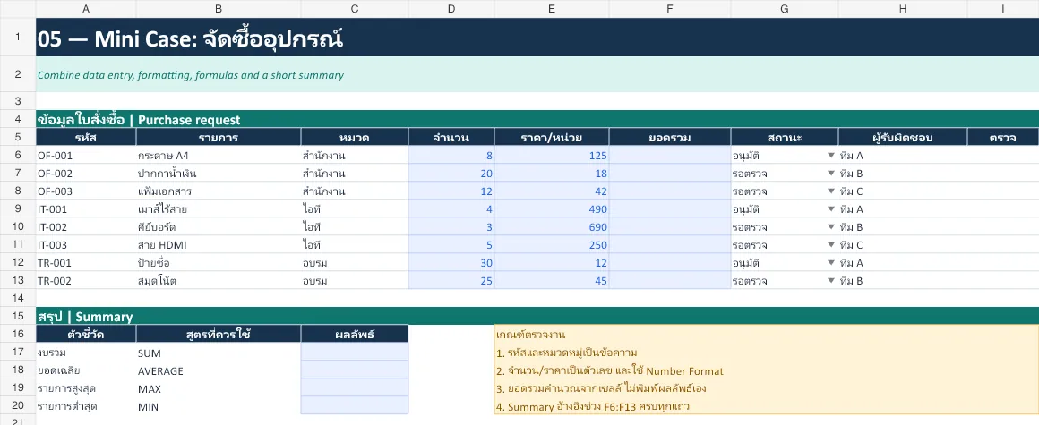 Excel mini case purchase request workbook