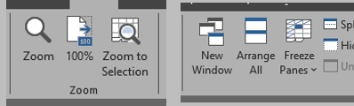 Excel View ribbon focused on Freeze Panes and Zoom